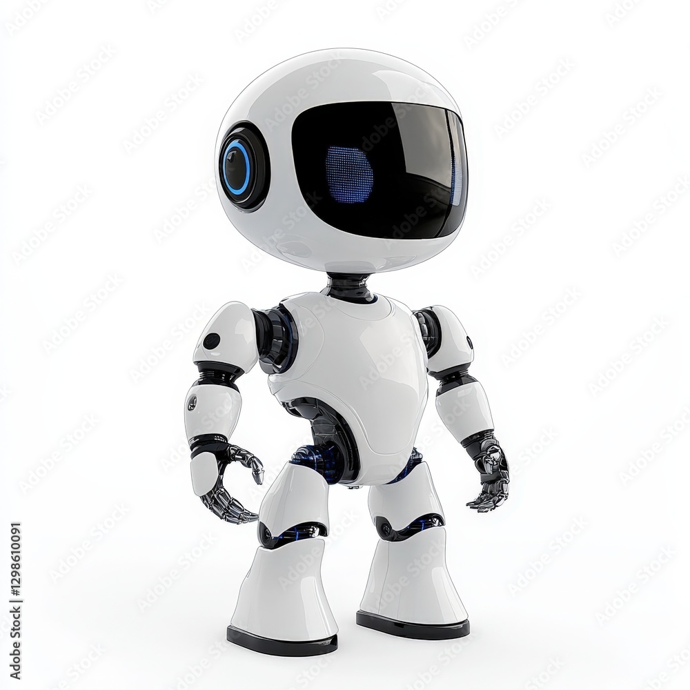 cute white robot standing on white background cute white robot standing on white background