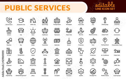 Set of outline Public Services icons. Minimalist thin linear web icon set. Line icons related to public utilities. Gas, electricity, water, heating.
