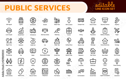 Set of outline Public Services icons. Minimalist thin linear web icon set. Line icons related to public utilities. Gas, electricity, water, heating.