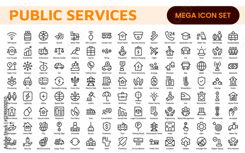 Set of outline Public Services icons. Minimalist thin linear web icon set. Line icons related to public utilities. Gas, electricity, water, heating.