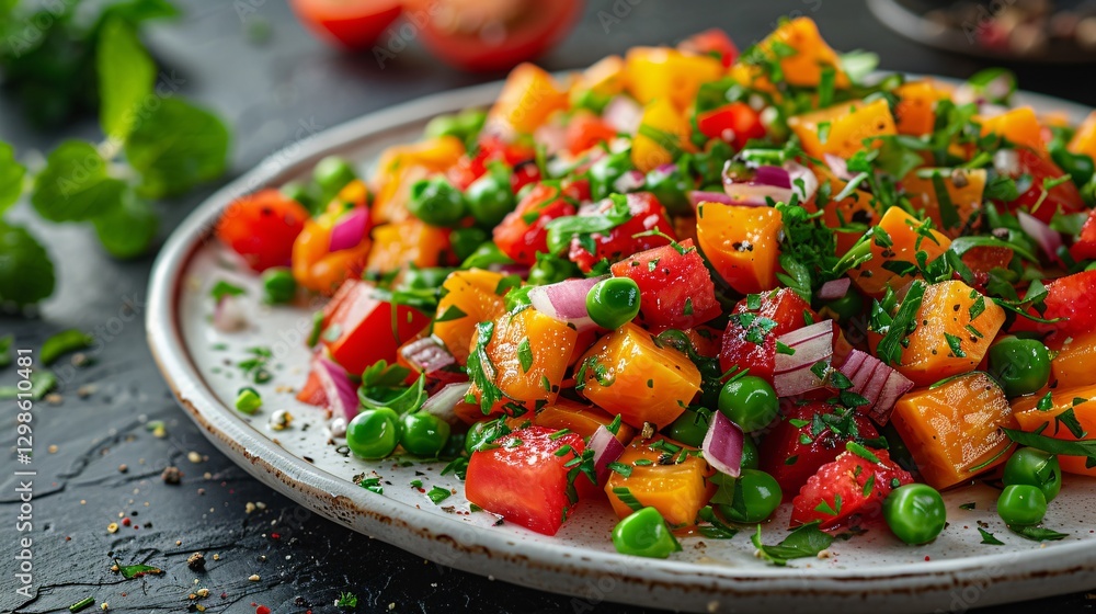 Vegetable salad with green peas and herbs on whi Vegetable salad with green peas and herbs on whi