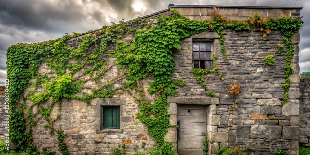 Grey stone building with worn brick wall covered in ivy on a cloudy day, weathered stones and moss, grey, ivy, grey Grey stone building with worn brick wall covered in ivy on a cloudy day, weathered stones and moss, grey, ivy, grey