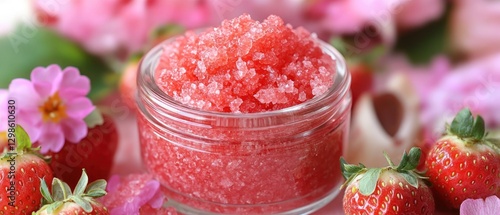 Strawberry-Infused Sugar Scrub in Glass Jar with Flowers and Fruit