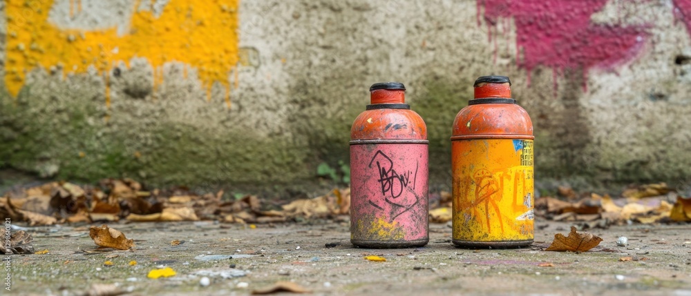 Two Spray Paint Cans on a Concrete Surface with Graffiti Wall in the Background Two Spray Paint Cans on a Concrete Surface with Graffiti Wall in the Background