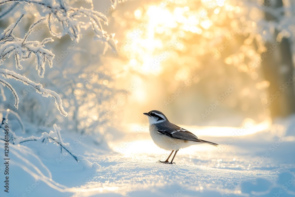 Fototapeta premium Winter's Serenade: A small bird perched amidst a landscape transformed by a blanket of glistening snow and ice, evoking a sense of winter serenity and quietude.