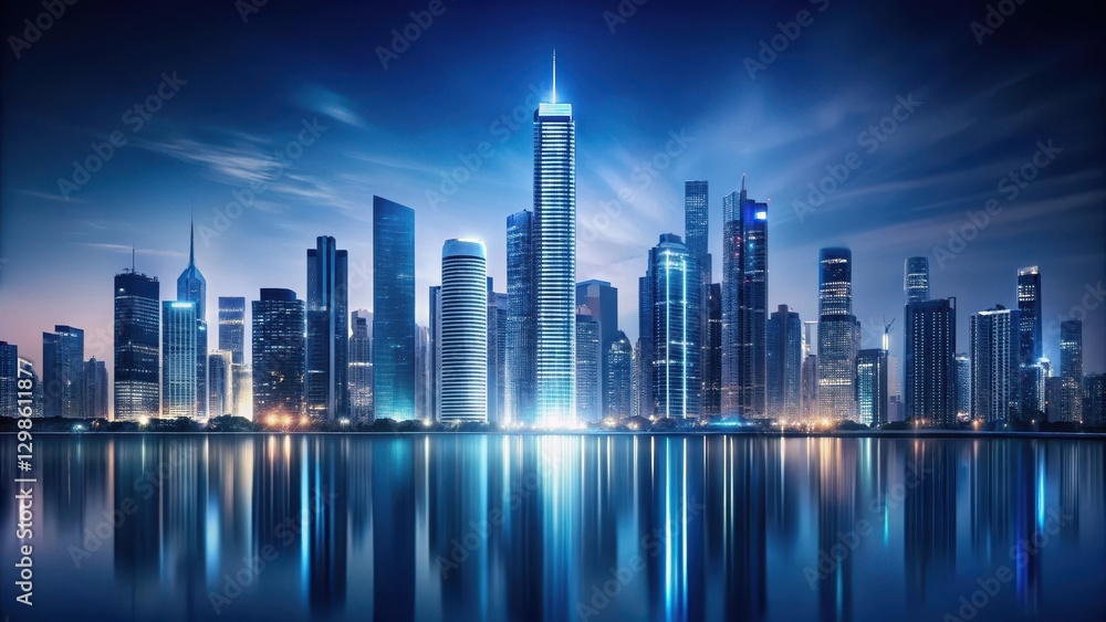 Fototapeta premium Minimalist cityscape at dusk with a gradient silver background, featuring sleek skyscrapers and neon lights, set against a dark blue evening sky , city life, contemporary