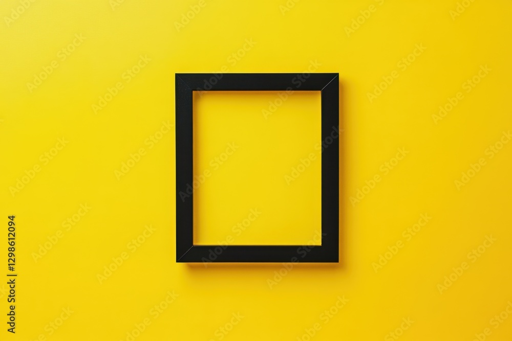 A black rectangular picture frame rests against a yellow background A black rectangular picture frame rests against a yellow background