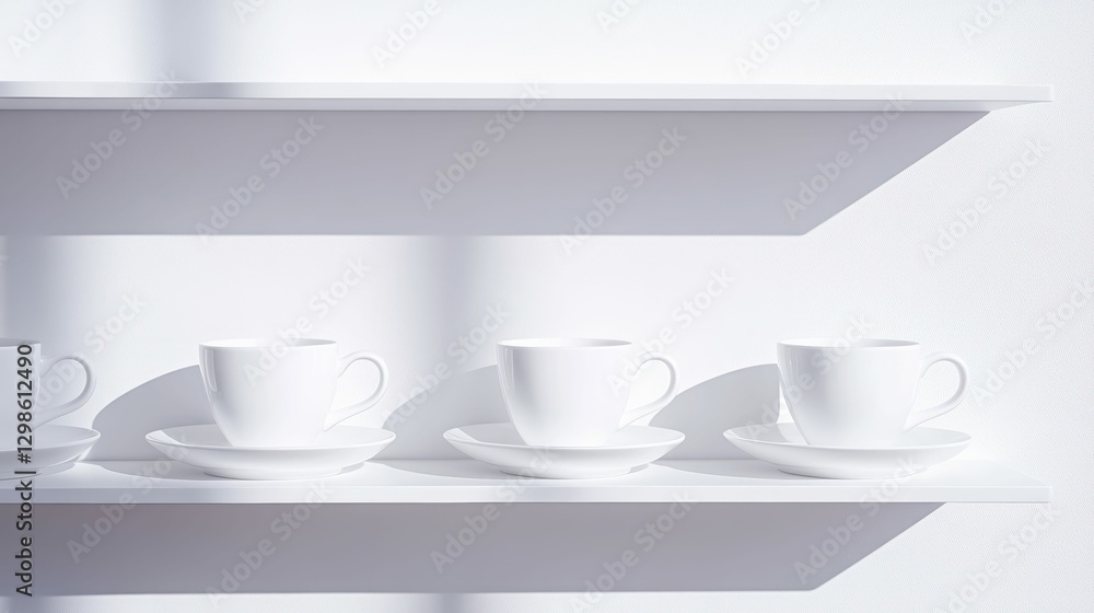 Minimalist white ceramic cups on shelf in sunlight Minimalist white ceramic cups on shelf in sunlight