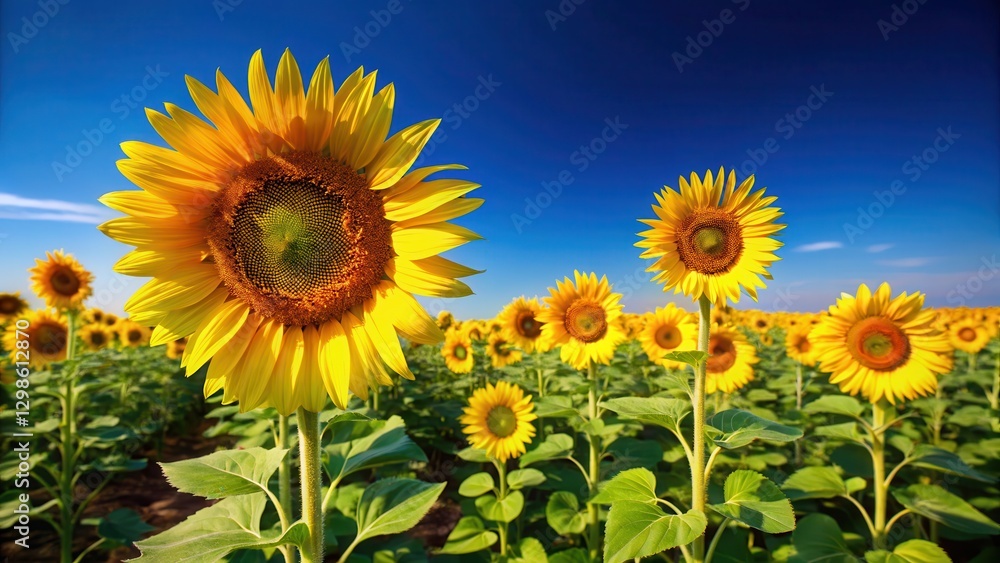 Bright yellow sunflowers standing tall in a vast open field under a brilliant blue sky with not a single cloud in sight, farmland, sunflowers Bright yellow sunflowers standing tall in a vast open field under a brilliant blue sky with not a single cloud in sight, farmland, sunflowers