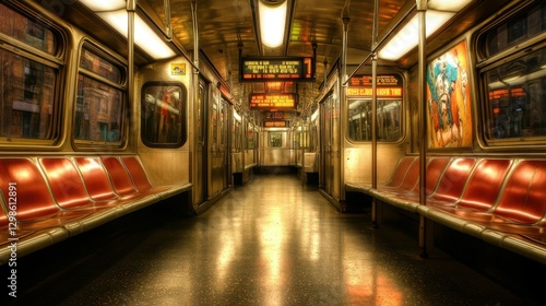 A dimly lit subway interior with empty seats and illuminated signs.