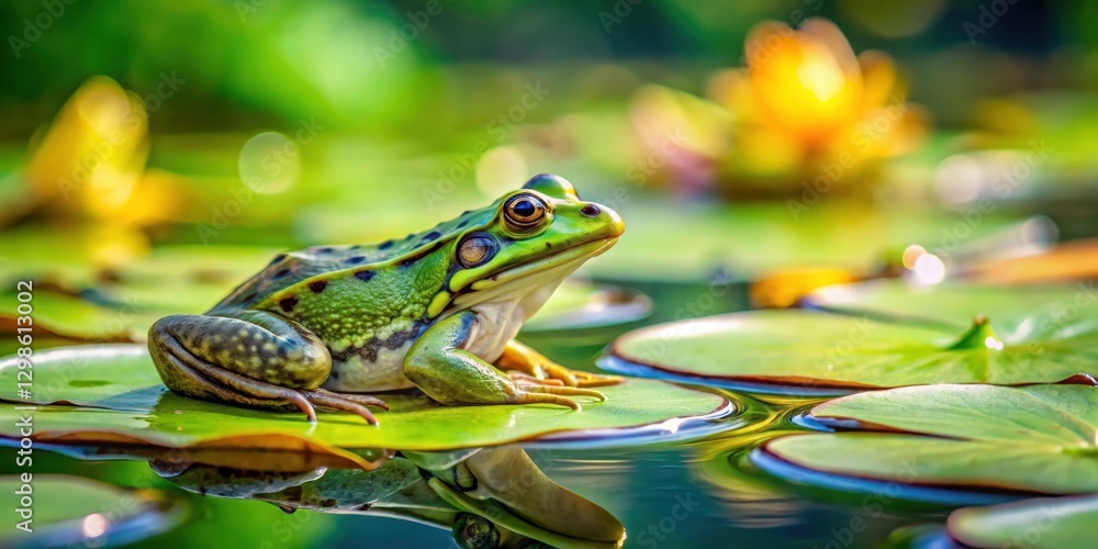 European marsh frog sitting on a lily pad in a pond, surrounded by lush greenery and water lilies, with a serene and peaceful expression , aquatic life, greenery European marsh frog sitting on a lily pad in a pond, surrounded by lush greenery and water lilies, with a serene and peaceful expression , aquatic life, greenery