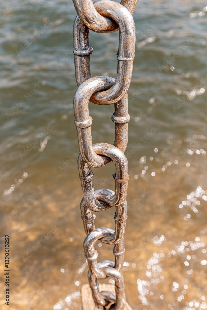 Rusty chain submerged in water creates striking contrast with ri