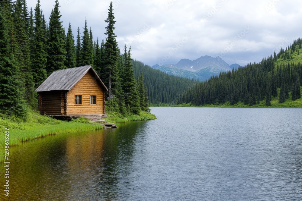 Fototapeta premium A quiet lake with a tiny island in the center, covered in trees and a small wooden hut