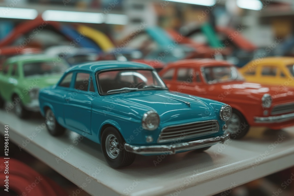 Fototapeta premium Colorful miniature cars displayed on shelf, showcasing vintage c