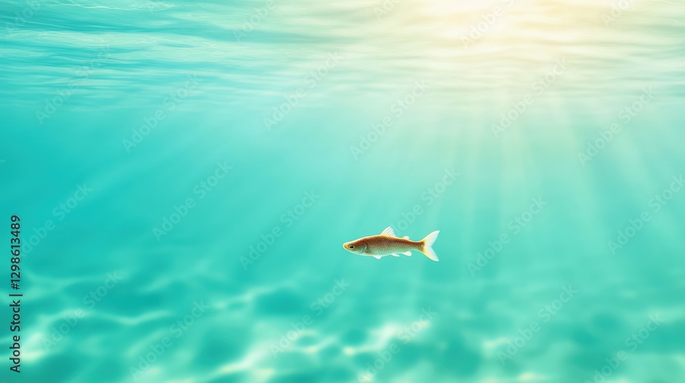 Fototapeta premium Clear water with a single fish swimming, natural setting, soft natural lighting,
