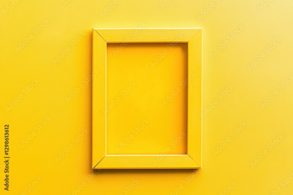 A yellow rectangular picture frame hangs on a yellow surface A yellow rectangular picture frame hangs on a yellow surface