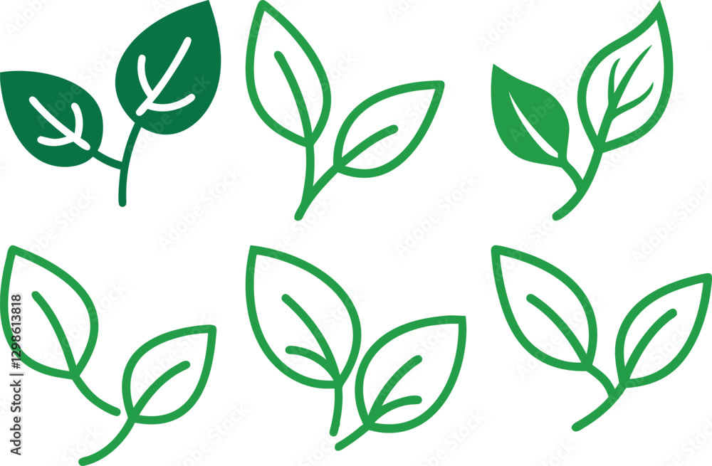 Fototapeta premium Stylized Illustrations of Leaves with Green Outlines and Fills