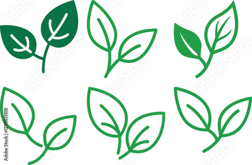 Stylized Illustrations of Leaves with Green Outlines and Fills
