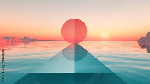 A serene sunset scene featuring minimalist geometric shapes. A tranquil horizon with a calming color palette of pink, blue and peach tones. photo