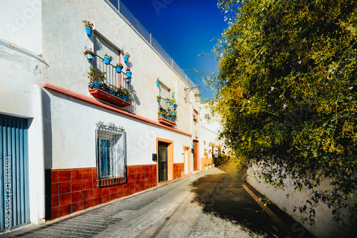 whitewashed facades with coloured windows and doors in a village street decorated with pots and plants. Nijar. Almeria