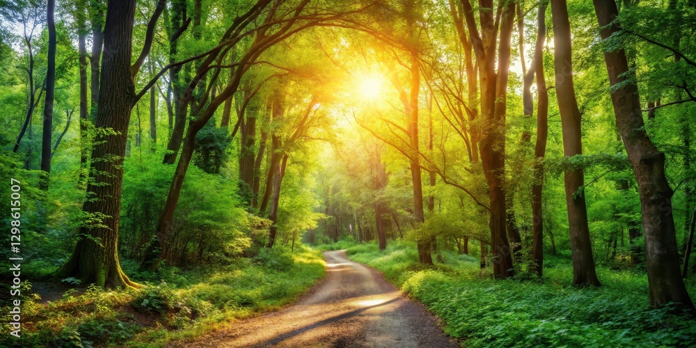 Fototapeta premium A winding dirt path disappears into the dense foliage of a vibrant forest, with sunlight filtering through the trees in dappled patterns , nature, solitude