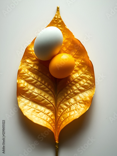 A gold leaf and two eggs with the on the top. Generative ai