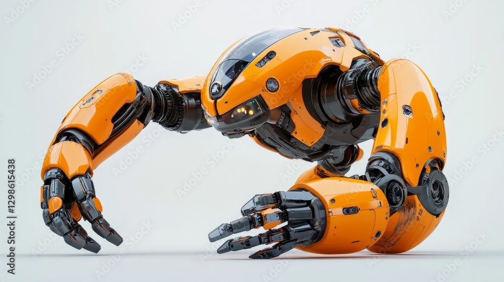 A multi-armed industrial robot in vibrant orange, set on a neutral white background A multi-armed industrial robot in vibrant orange, set on a neutral white background
