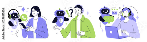 Helpdesk set. Characters using artificial intelligence generative tools for communication. Call center, hotline, customer support service concept. Vector illustration.