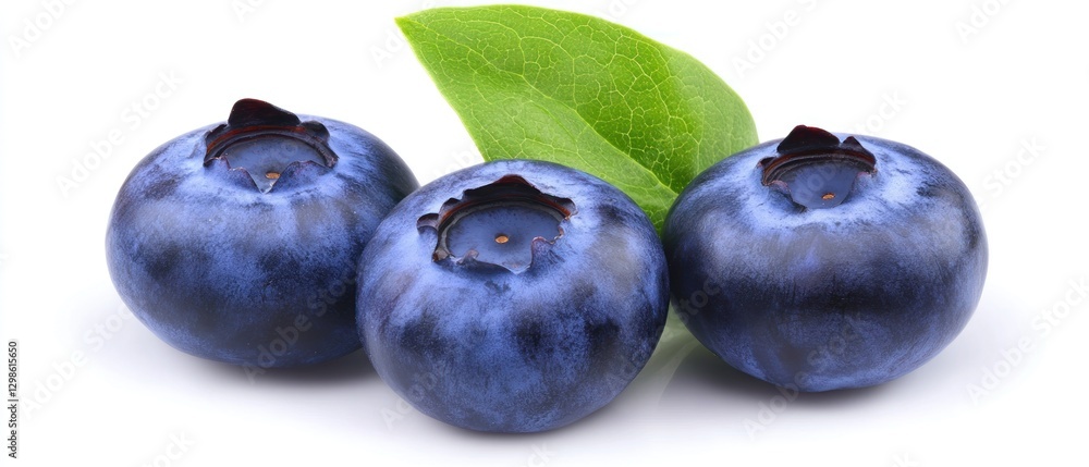 Obraz premium Three Blueberries and a Green Leaf