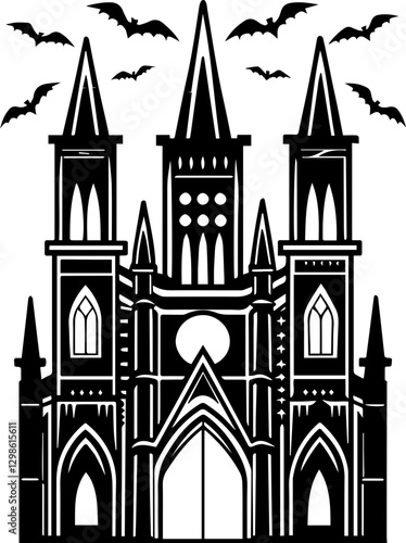 Dark fantasy SVG vector depicts cursed locations and dark places. Gothic Castle Silhouette with Bats for Halloween Decor