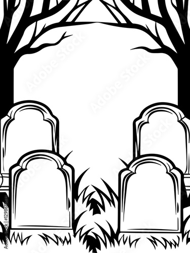 Dark fantasy SVG vector depicts cursed locations and dark places. Spooky Graveyard Scene with Tombstones and Leafless Trees