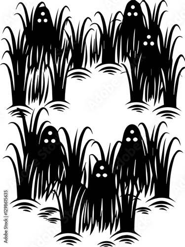 Dark fantasy SVG vector depicts cursed locations and dark places. Silhouetted Ghosts Hidden in Tall Grass for Halloween Decor
