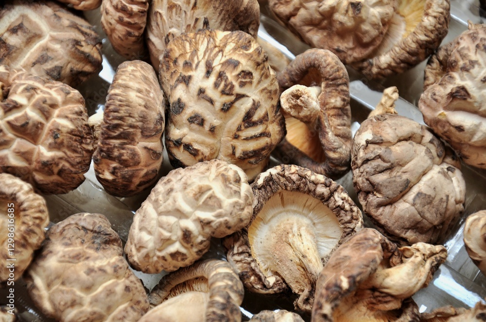 A close-up shot of dried shiitake mushrooms A close-up shot of dried shiitake mushrooms