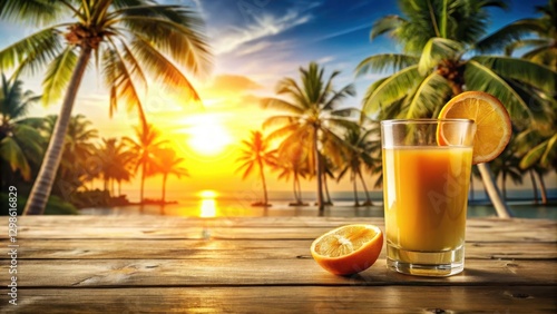 Fototapeta Naklejka Na Ścianę i Meble -  A glass of freshly squeezed orange juice sits on a wooden beach table, surrounded by natural textures and warm sunlight filtering through palm trees , beverage, sunshine