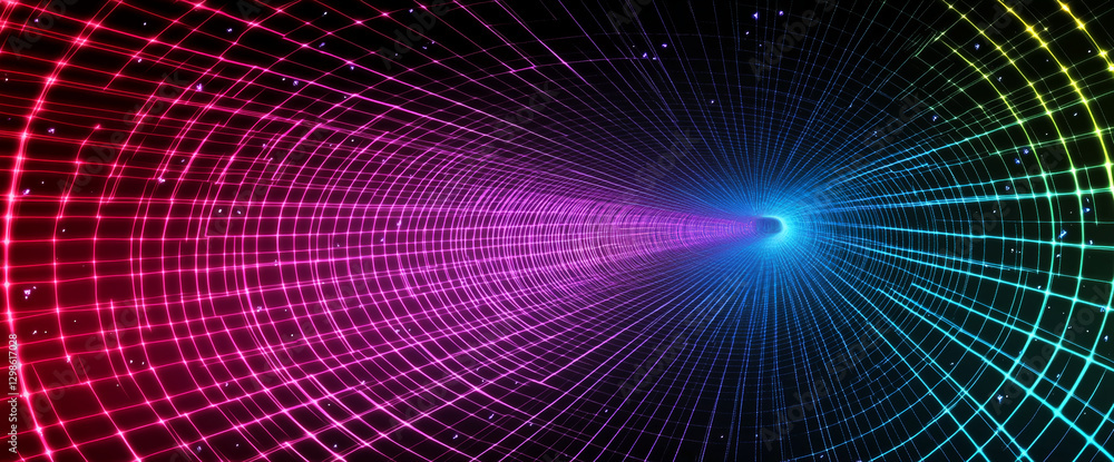 Abstract 3D neon wireframe tunnel with bright glowing colors representing digital space, technology, and virtual reality, showcasing a futuristic digital network. Abstract 3D neon wireframe tunnel with bright glowing colors representing digital space, technology, and virtual reality, showcasing a futuristic digital network.