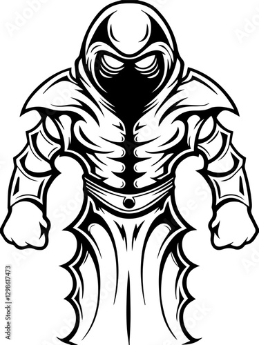 Dark fantasy SVG vector features demons monsters and hellish beings. Bold Black and White Illustration of a Mysterious Warrior Figure