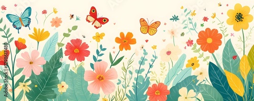 Wallpaper Mural Colorful flowers and butterflies create a whimsical spring illustration Torontodigital.ca