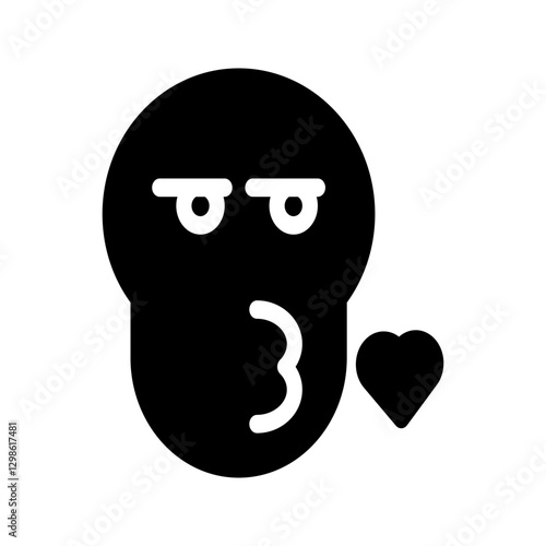 Solid icon of a skull with kissing lips and a heart-shaped eye expression, symbolizing dark love or flirty emotion.