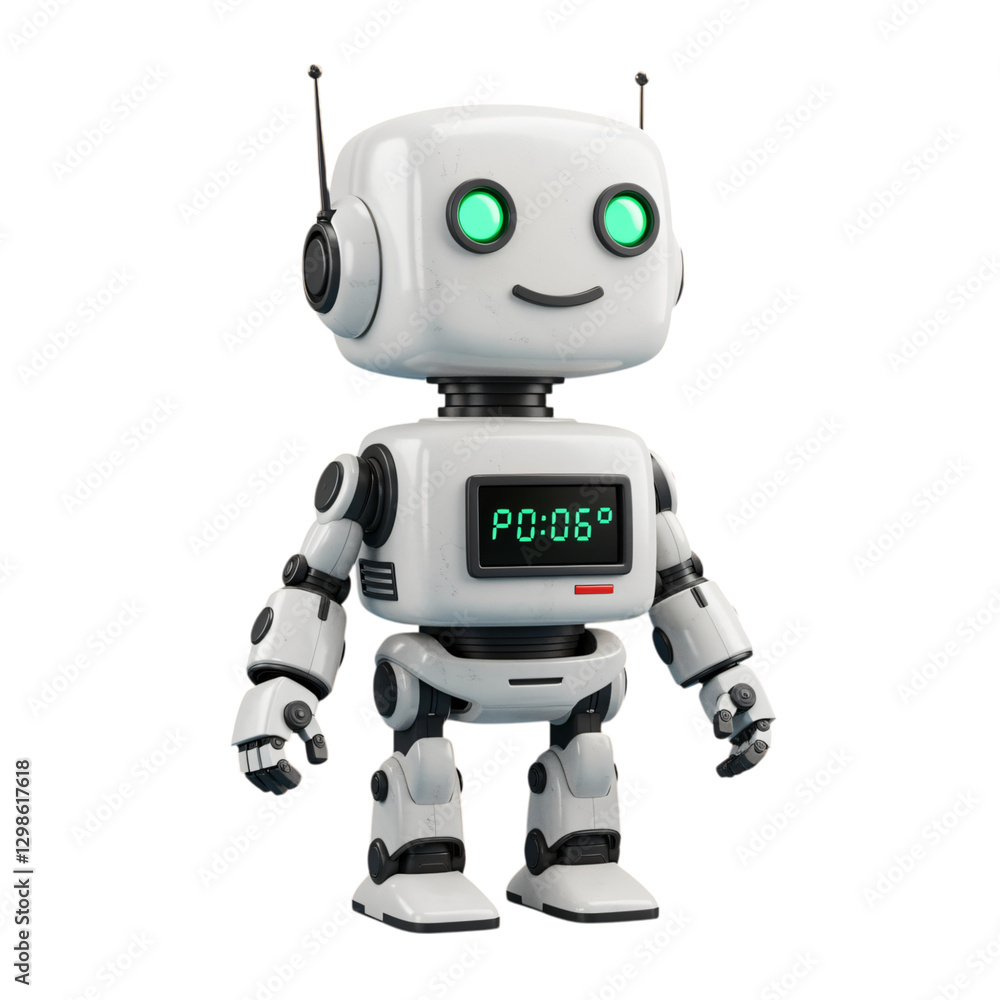 A friendly, white robot with bright green eyes stands on a transparent background A friendly, white robot with bright green eyes stands on a transparent background