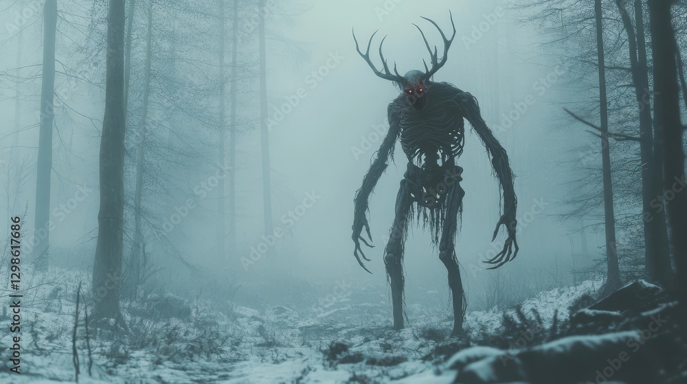 Obraz premium Wendigo Creature Standing in Foggy Winter Forest