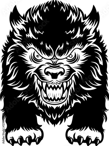 Dark fantasy SVG vector features demons monsters and hellish beings. Fierce Black Bear Illustration with Intense Expression and Sharp Teeth