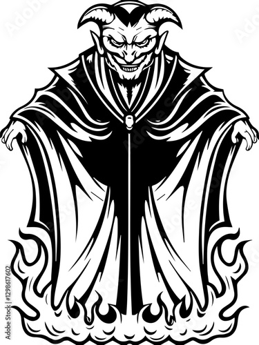 Dark fantasy SVG vector features demons monsters and hellish beings. Monochrome Demon Figure with Cloak and Flames in Bold Style