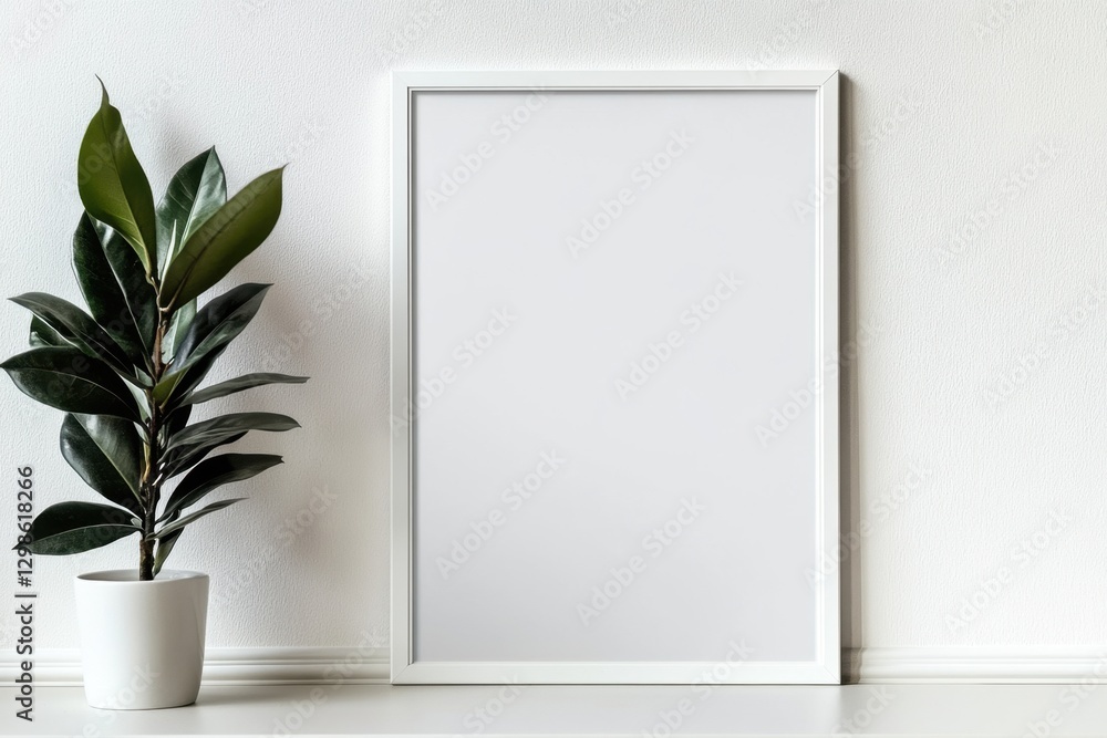 An indoor scene depicting a plant and a framed blank artwork An indoor scene depicting a plant and a framed blank artwork