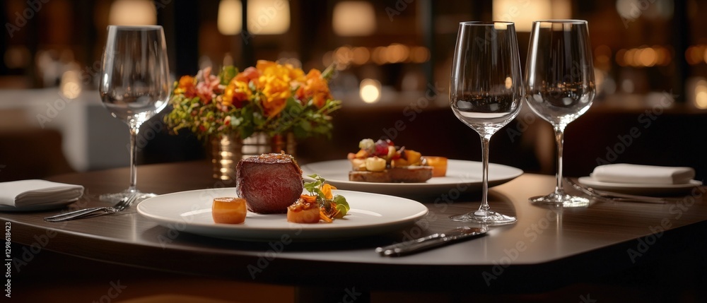 Fine dining table setting with plated meals and wine glasses Fine dining table setting with plated meals and wine glasses