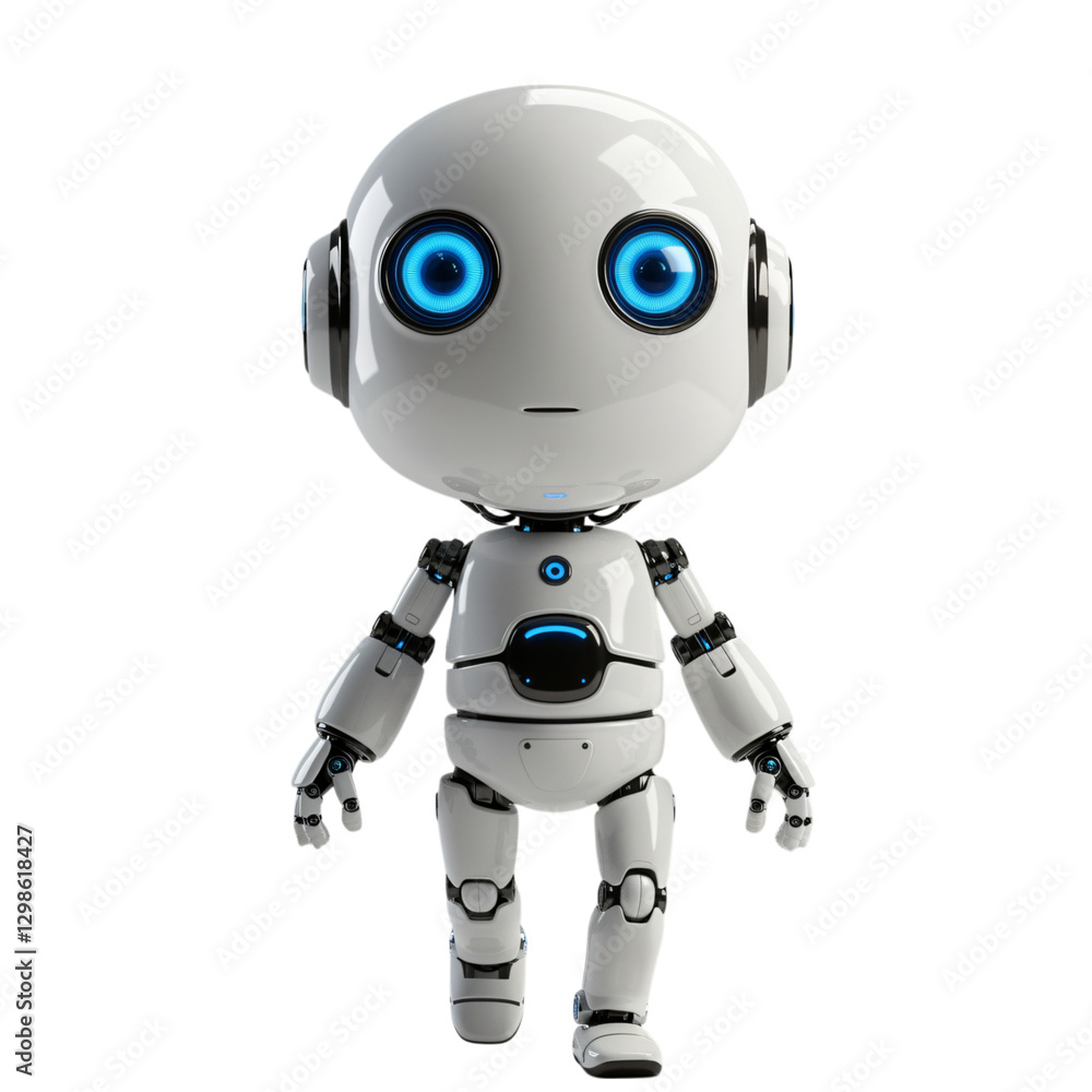 A digitally rendered, friendly, white robot, designed in a cartoonish style, is shown walking A digitally rendered, friendly, white robot, designed in a cartoonish style, is shown walking
