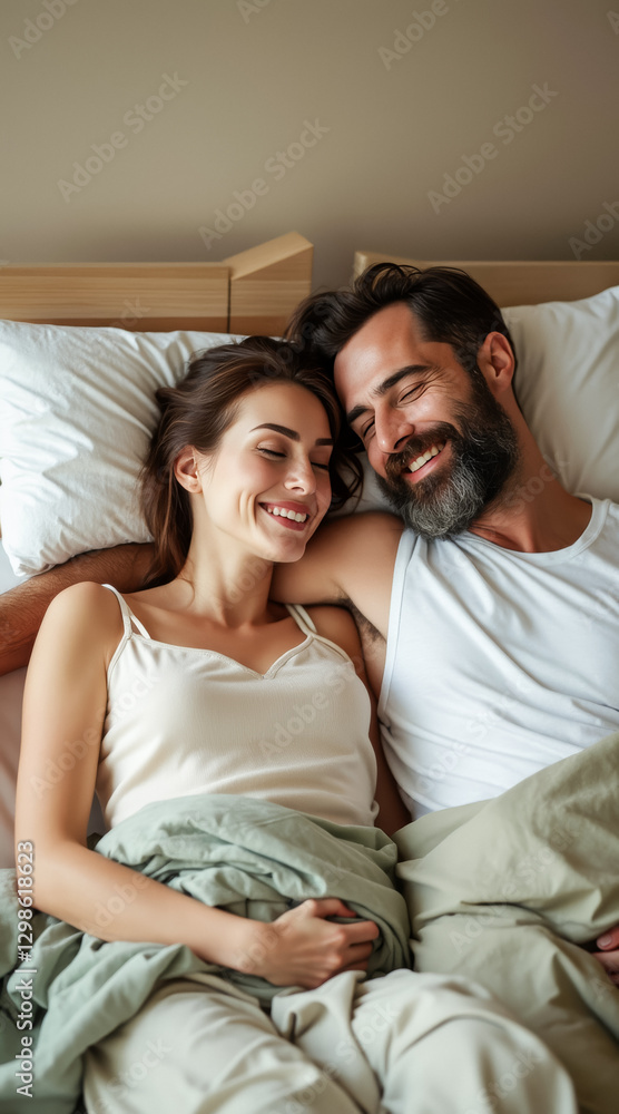 smiling couple sharing an intimate moment in bed smiling couple sharing an intimate moment in bed