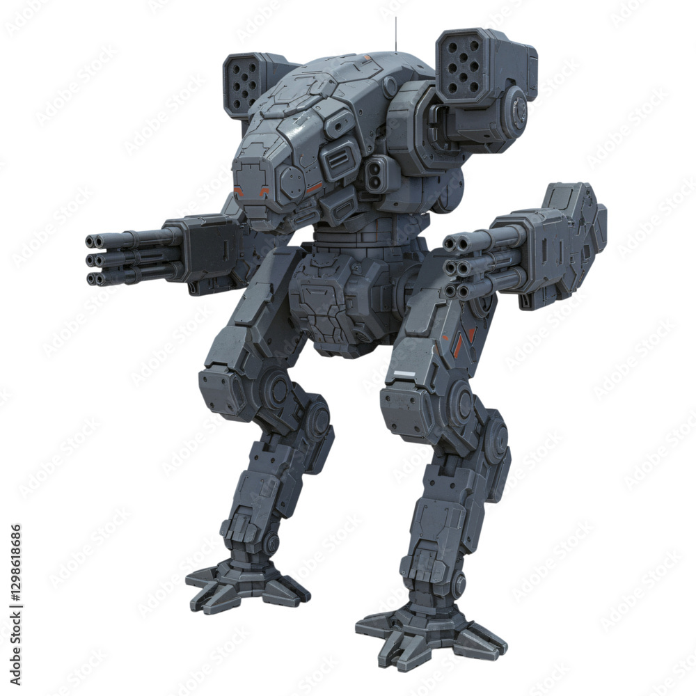 This detailed 3D model showcases a menacing, gray military mech This detailed 3D model showcases a menacing, gray military mech