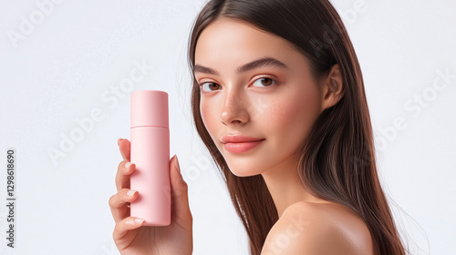 Beauty Portrait of a Woman Showcasing Matte Pink Deodorant Stick