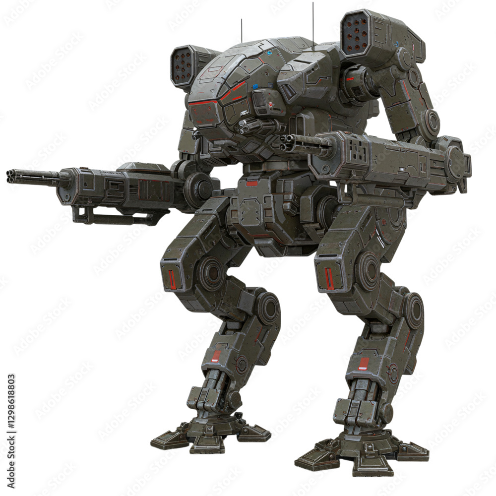 A meticulously detailed 3D model of a powerful, futuristic war machine A meticulously detailed 3D model of a powerful, futuristic war machine
