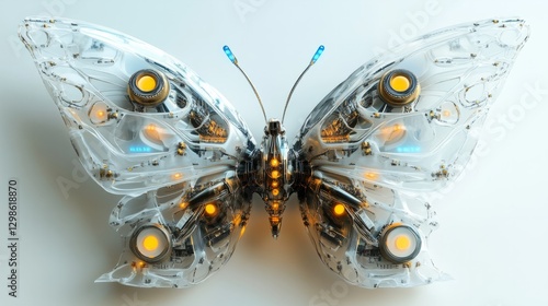 A robotic butterfly with intricate wings and glowing patterns, resting on a pure white background